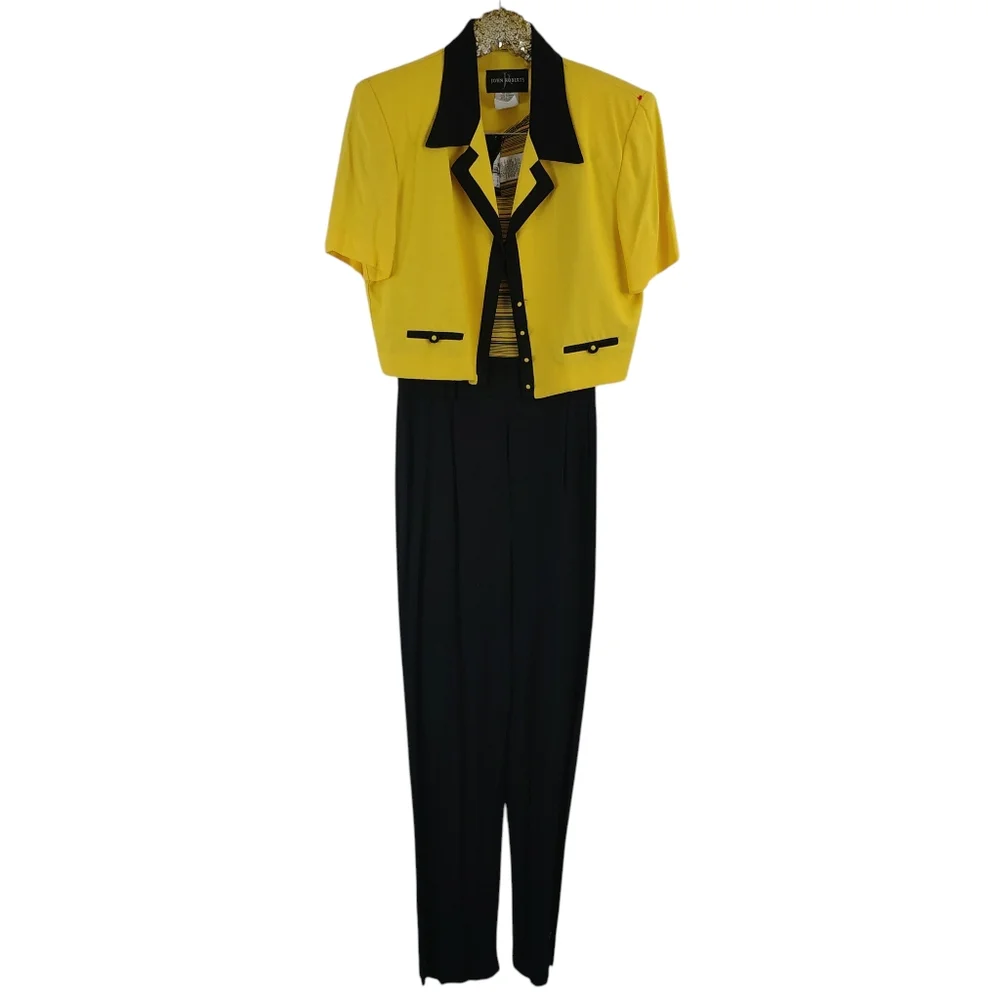 Vintage 80s 90s John Roberts Women's Yellow Black Striped Jumpsuit Size 8 Bold - Picture 10 of 13